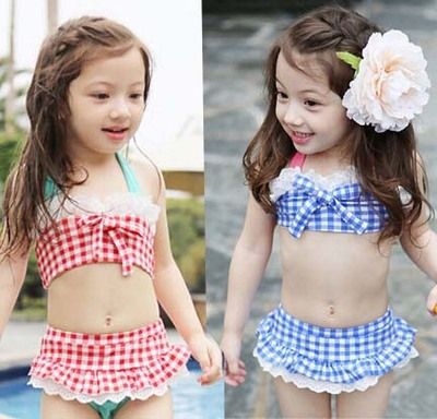 Baby Girls Toddler Kids 3 Piece Grid Plaid Bikini Swimsuit Swimwear with Hat