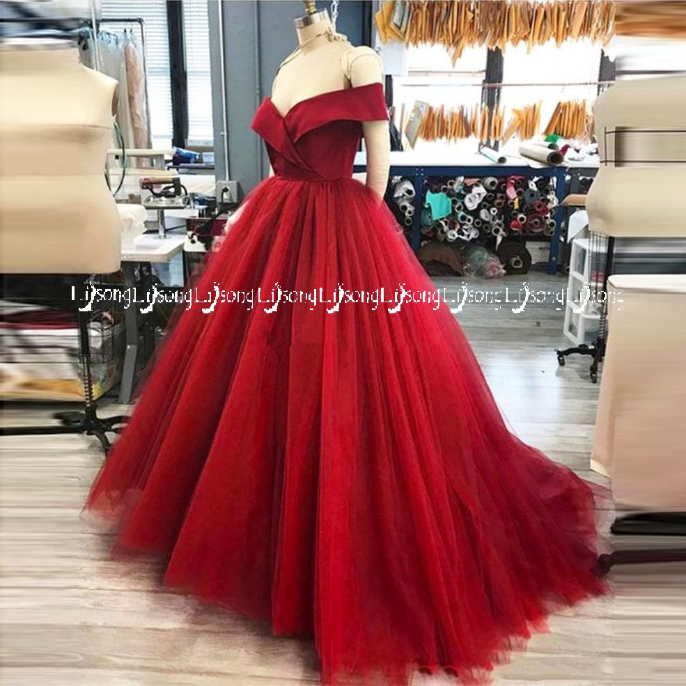 red off shoulder evening gown