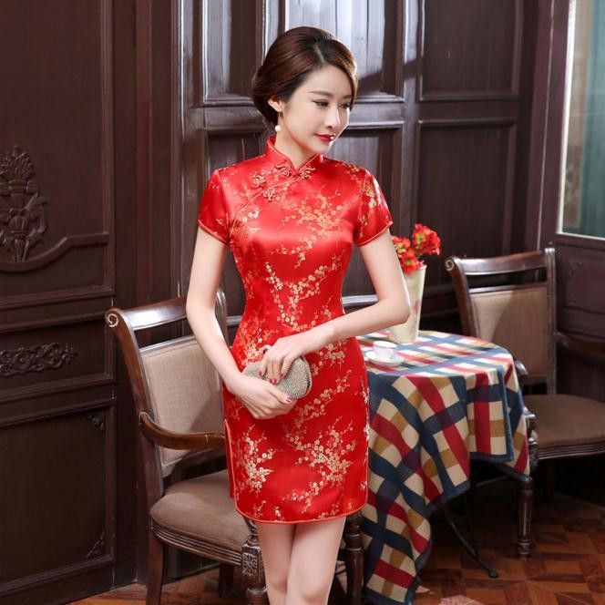 2018 nuevas mujeres chinas rojas vestido tradicional de seda Satén Cheongsam Mini vestido de boda de 2018 nuevas mujeres chinas rojas vestido tradicional de seda Satén Cheongsam Mini vestido de boda de