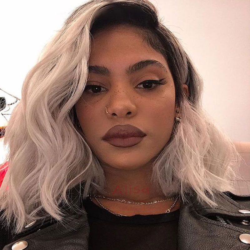 Grey Ombre Short Bob Wig Synthetic Lace Front Wig Dark Roots Body