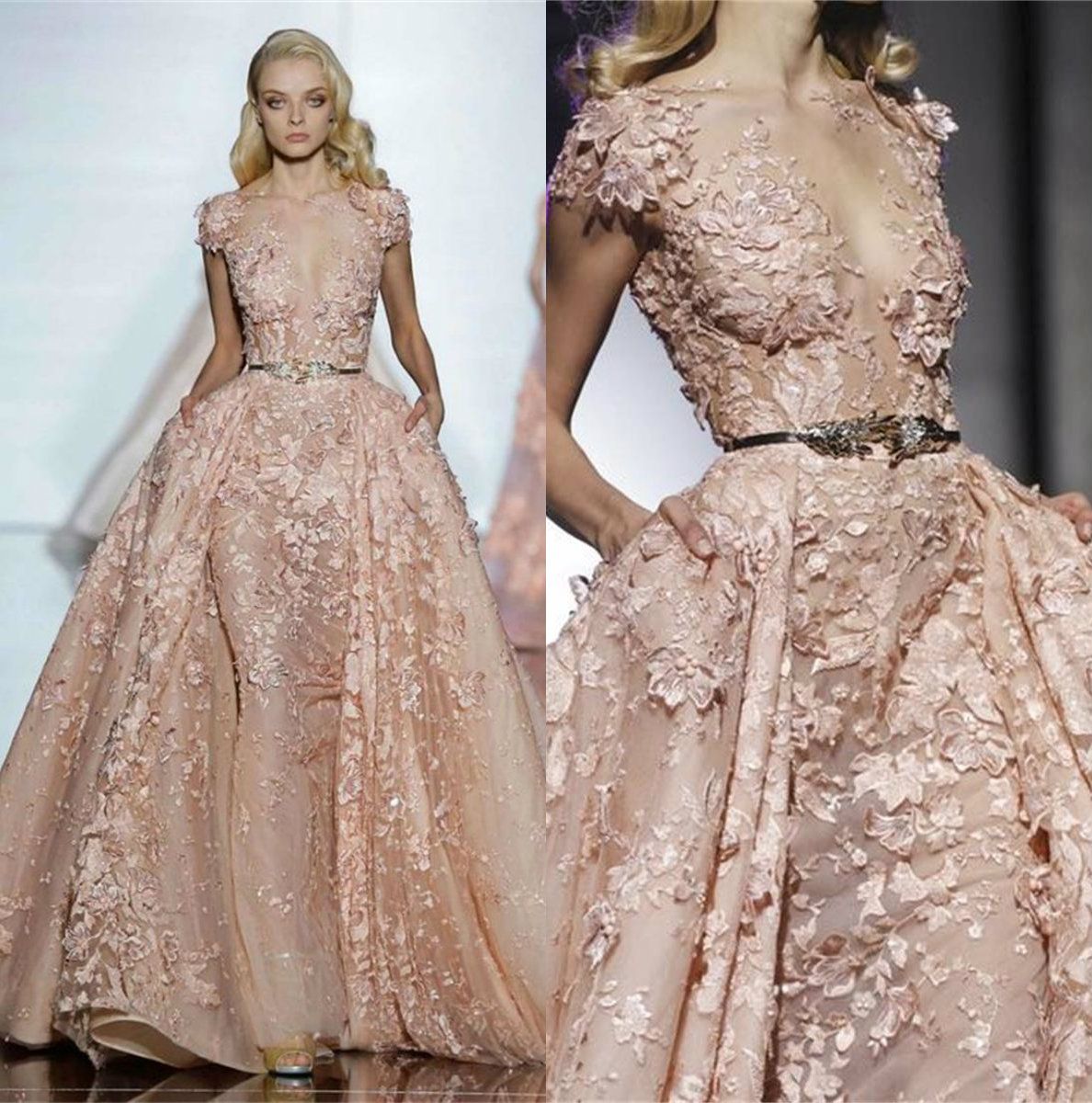 Zuhair Murad Elegante Blush Vestidos De Baile Cor De Rosa Com Overkskirt Requintado Laço Applique Vestidos De Noite Festa Formal Desgaste De Folhas De Huifangzou, $1.347,19 | DHgate