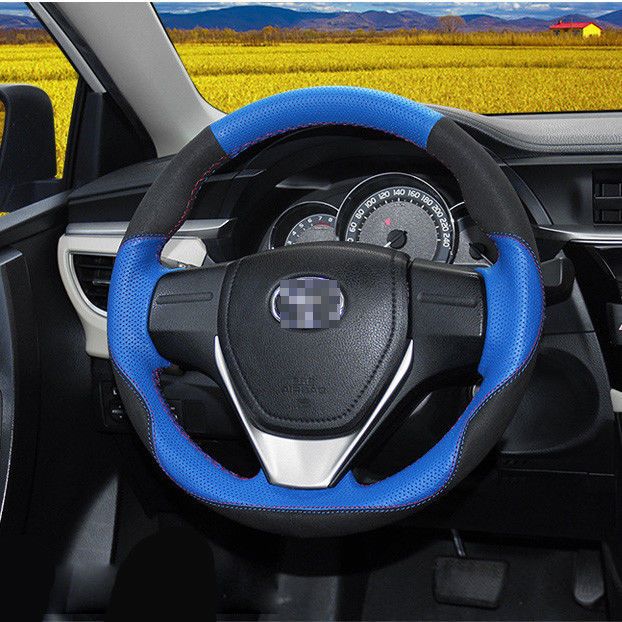 For Toyota RAV 4 /Corolla Car Steering Wheel Cover Black Suede W/ Blue