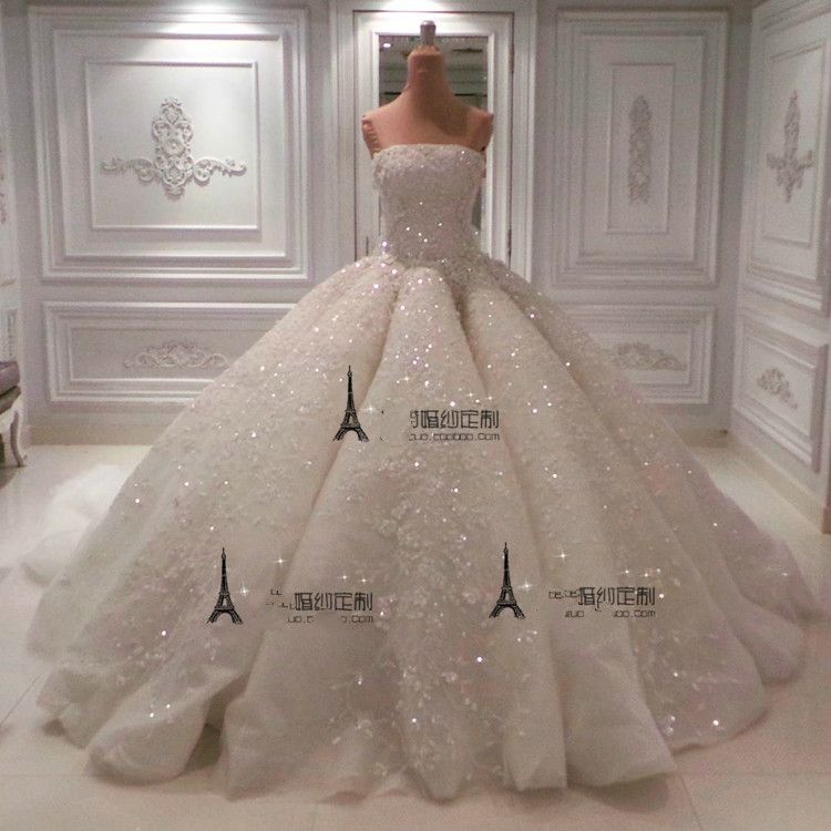 Luxury Ball Gown Wedding Dresses Strapless Lace Appliqued Sequins Bling