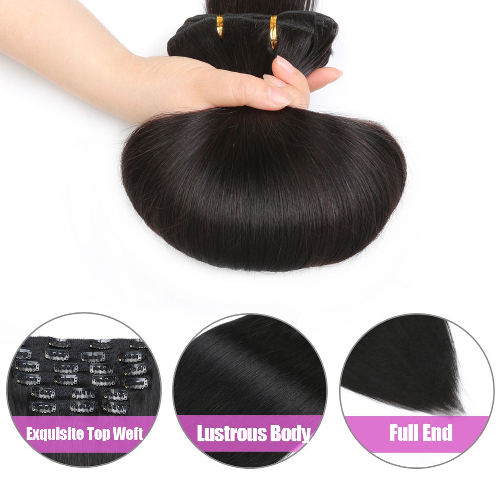 Set Natural Black Brizlian Virgin Human Hair Straight Seamless Clip In