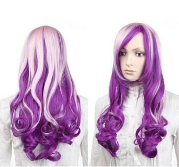 Cosplay Purple Pink Mix Long Curly Full Wig Short Synthetic Wigs