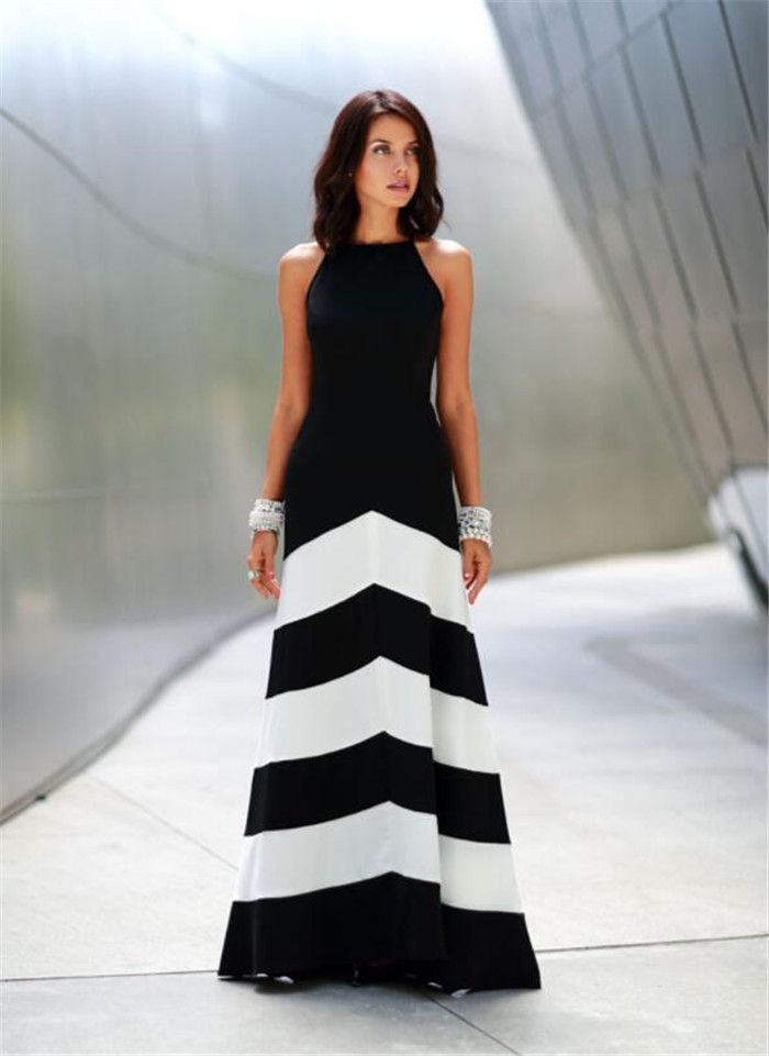 black and white striped evening gown