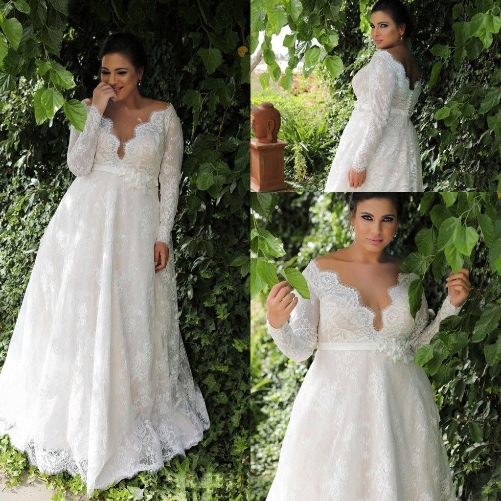 Discount Garden A Line Empire Waist Lace Plus Size Wedding Dresses With
