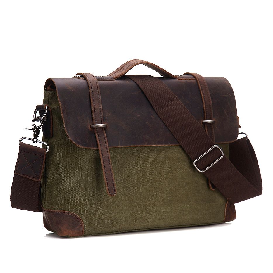 Men/'s Military Canvas Leather Satchel School 14/" Laptop Shoulder Messenger Bag