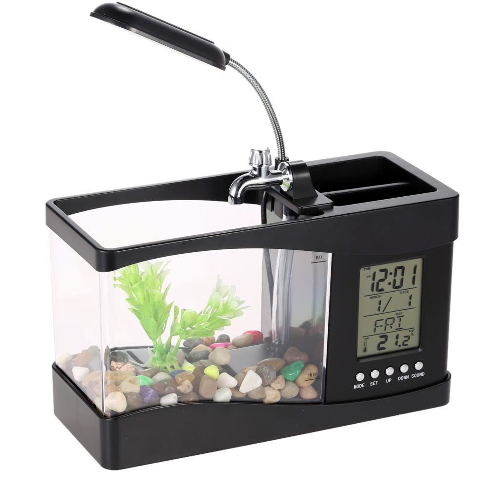 ACQUARIO DA SCRIVANIA USB con portapenne LAMPADA LED Orologio