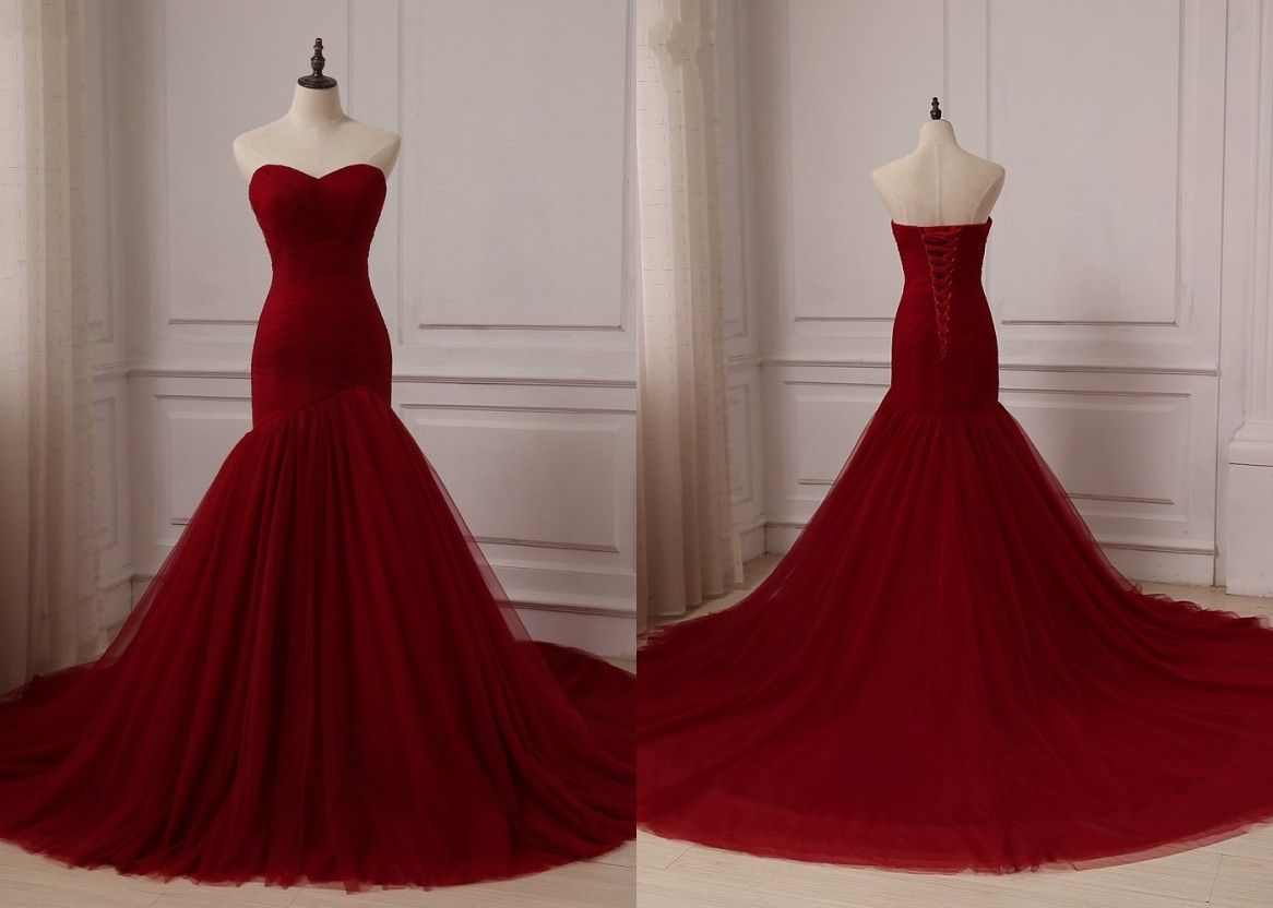 Sexy Wine Red Cheap Wedding Dresses Mermaid Actual Photo