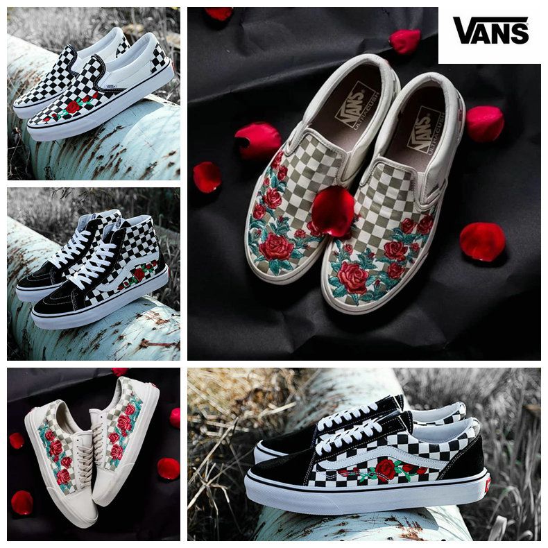 vans noir broderie rose