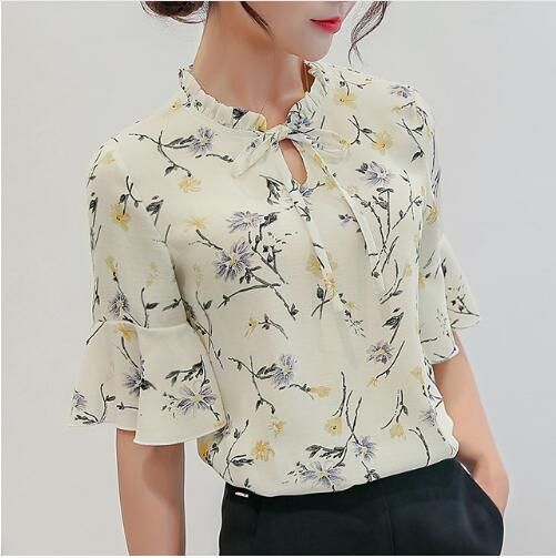 Blusas de las mujeres 2018 Chiffon Print Ruffles Blusas con mangas trabajo para mujeres