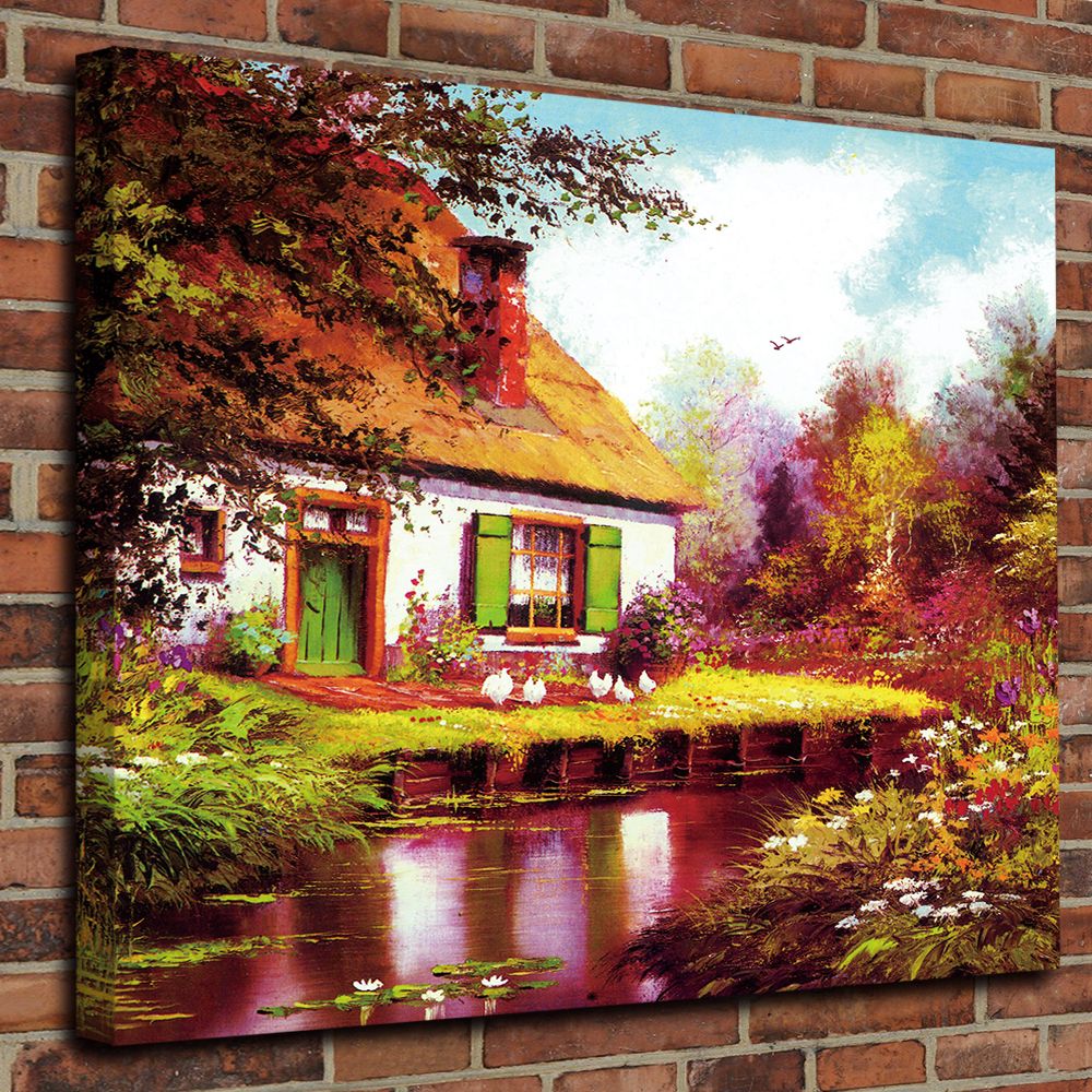 2020 Framed Modern Giclee Print Art Mountain House Landscape Oil