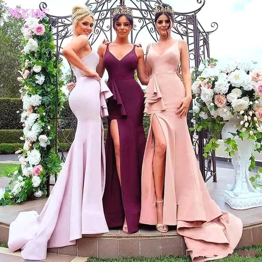 Compra Elegante Sirena Vestidos De Dama De Honor Satén V Cuello Lado Alto  Ranura Largo Vestidos De Dama De Honor Vestidos De Fiesta Para Bodas En El  Jardín Barato | Entrega Rápida