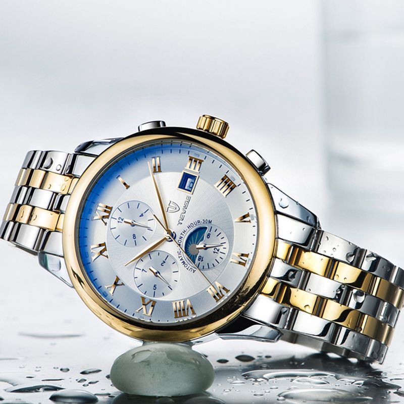 TEVISE Mens Self Winding Automatic Mechanical Watch With Moon