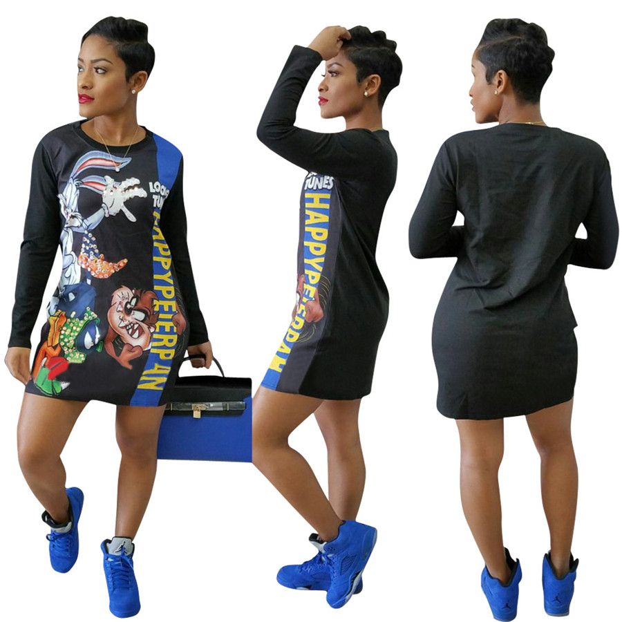 2018 Cotton Cartoon Print Summer Dresses Cute Long Sleeve Women