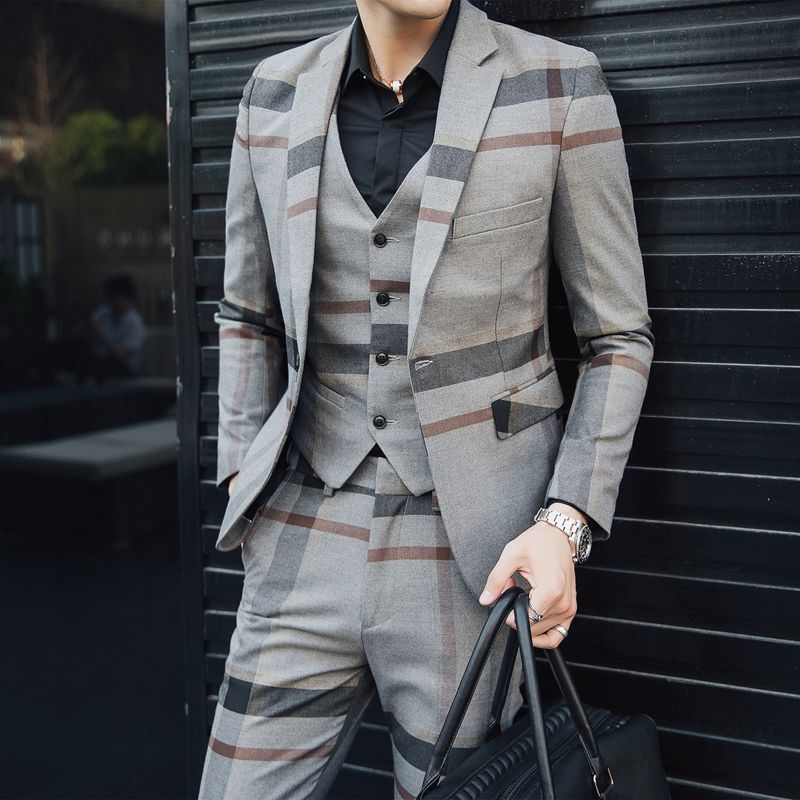 vestido formal gris para hombre lana trajes para hombre vintage plaid 3 piezas traje