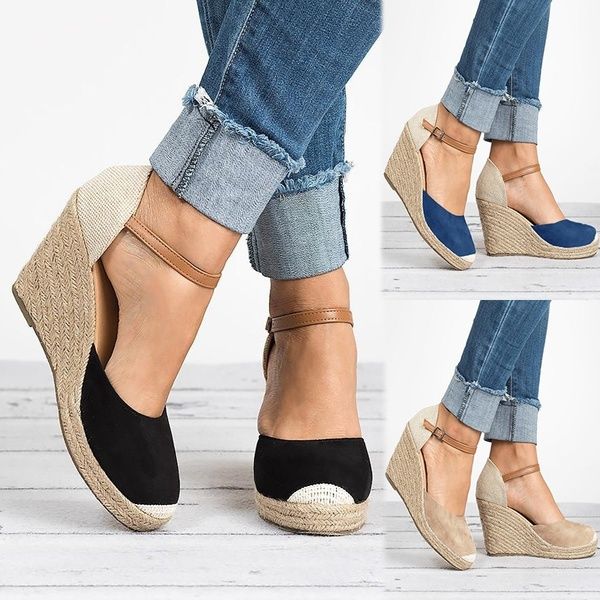 Verano Mujer Cuña Alpargatas Casual Hebilla Correa Zapatos de tacón alto Plataforma de las Sandalias