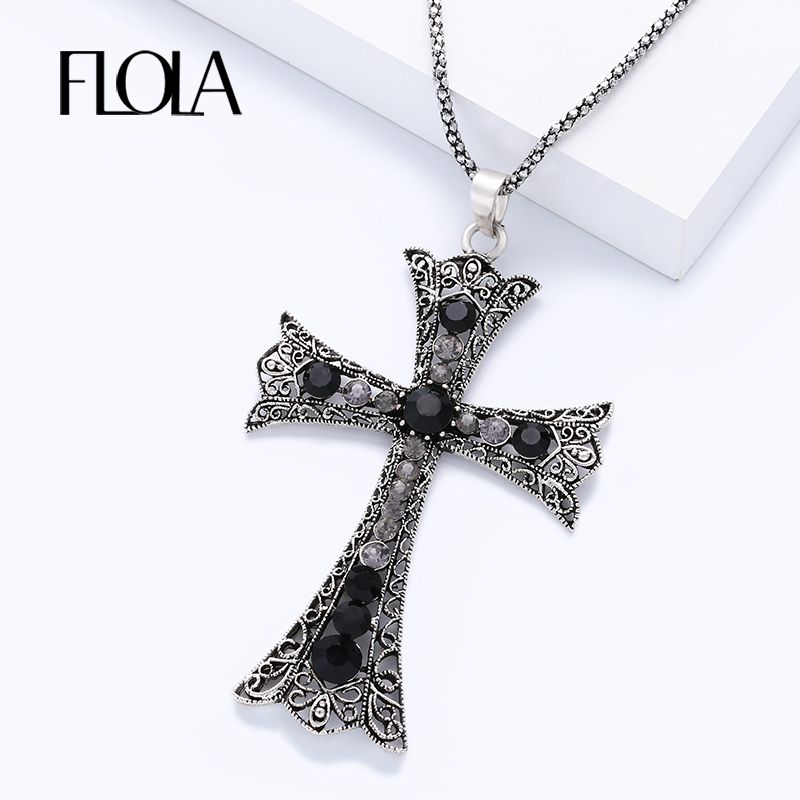 Femme Homme Style Rétro Cristal Strass Pendentif Croix Chaîne Collier