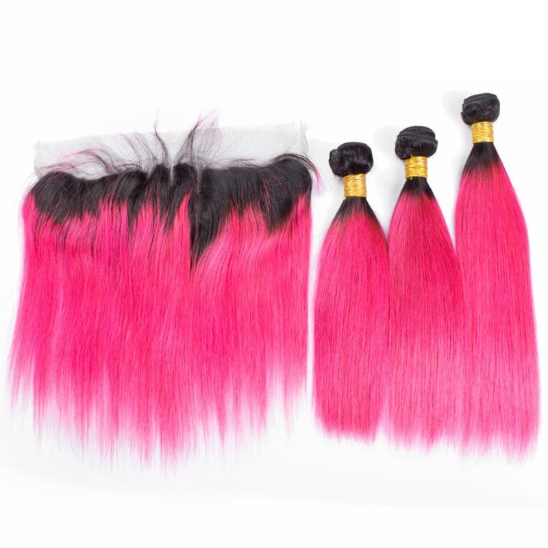 Ombre Hot Pink Human Hair Weaves Extensions With Frontal 13x4 Free Part 1b Hot Pink Ear To Ear Frontal With Silky Straight 3bundles Hair Weave Uk Uk