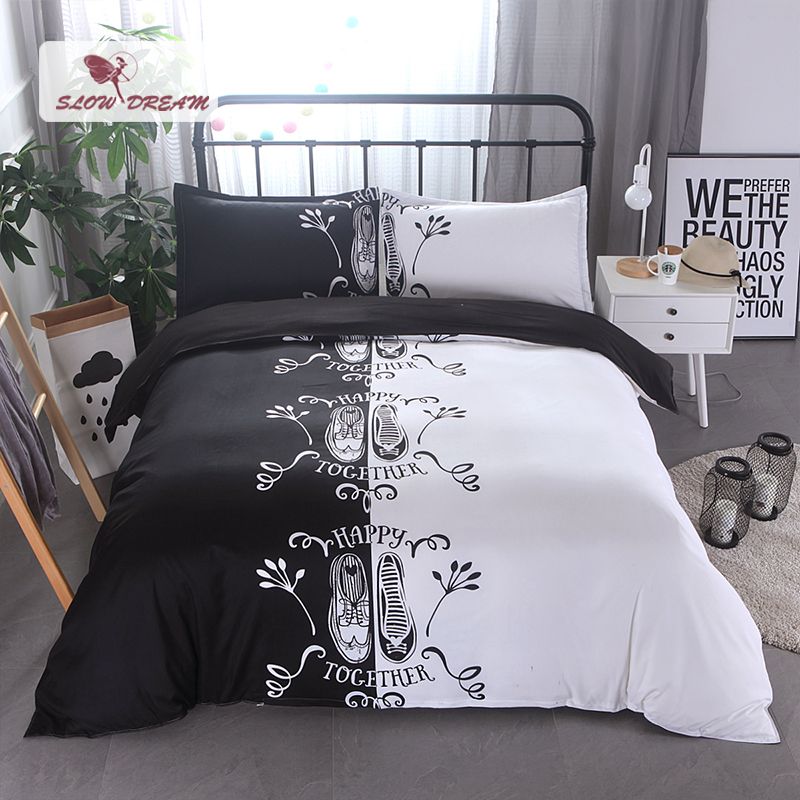 Slowdream Couple Bedding Set White Black Bedspread Duvet Cover