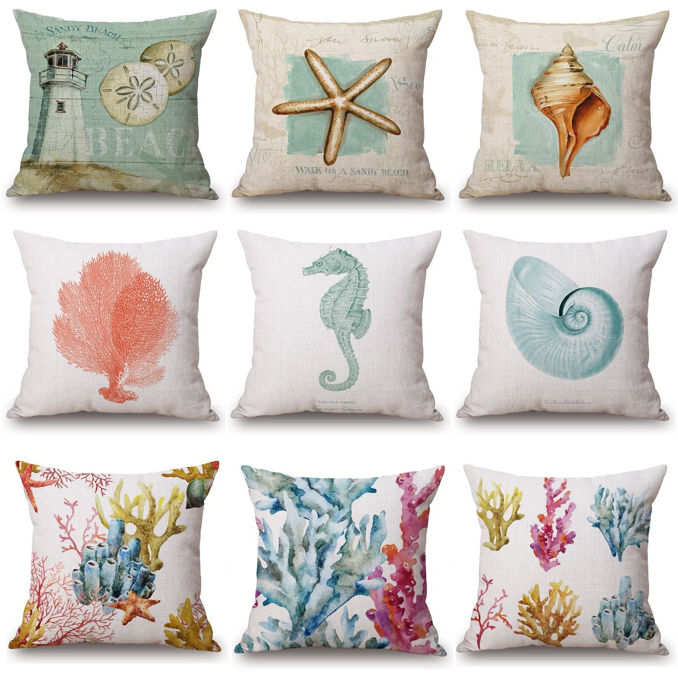 Watercolor Sea Horse Cushion Covers 28 Styles Coral Sandy Beach