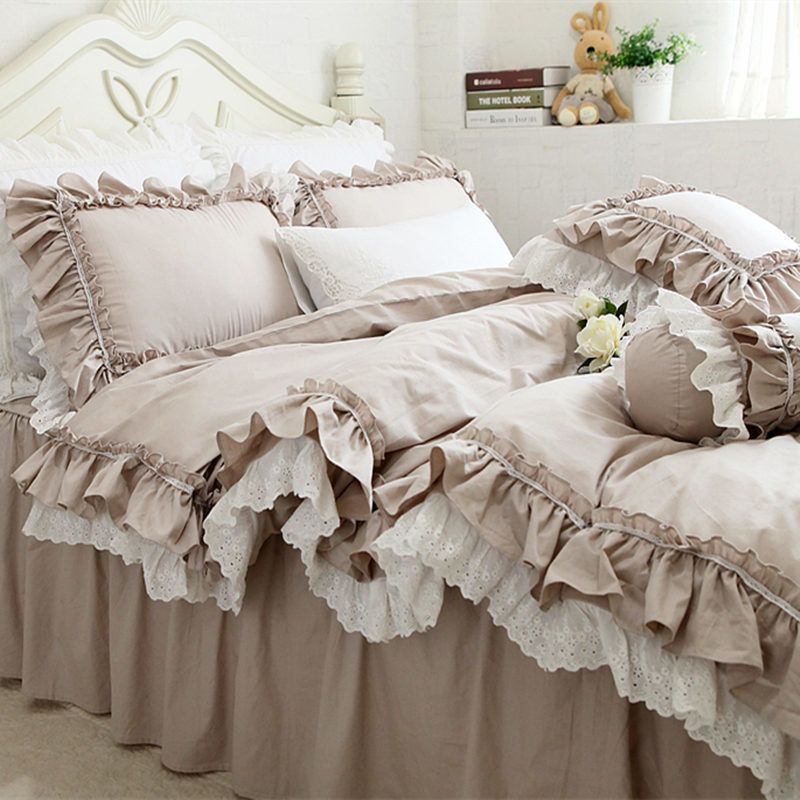 New European Khaki Bedding Set Double Ruffle Lace Duvet Cover