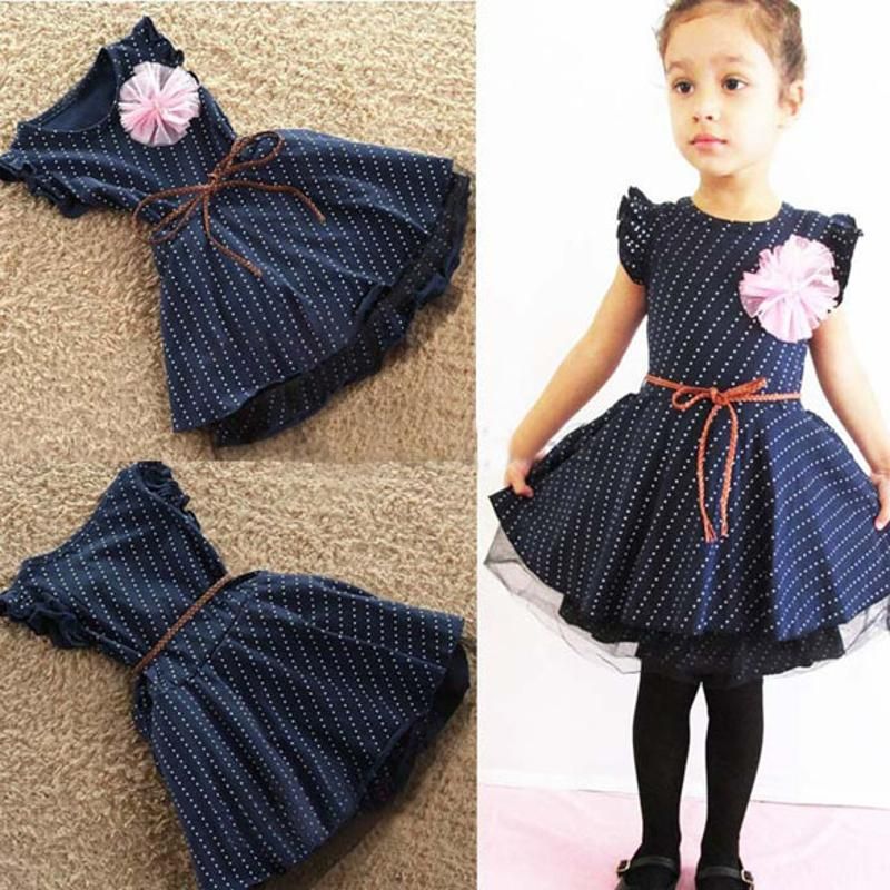 Vestido de verano para niña Princesa de manga larga Vestidos para niñas Punto azul