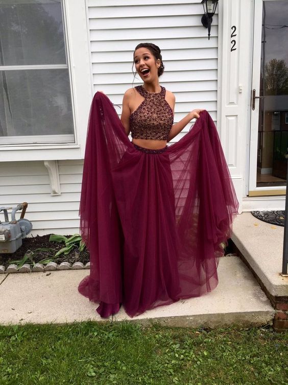 maroon 2 piece prom dress