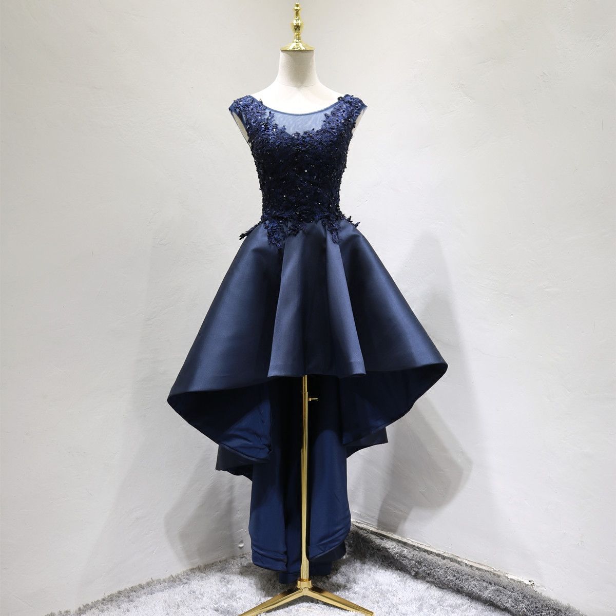 navy blue high low prom dress