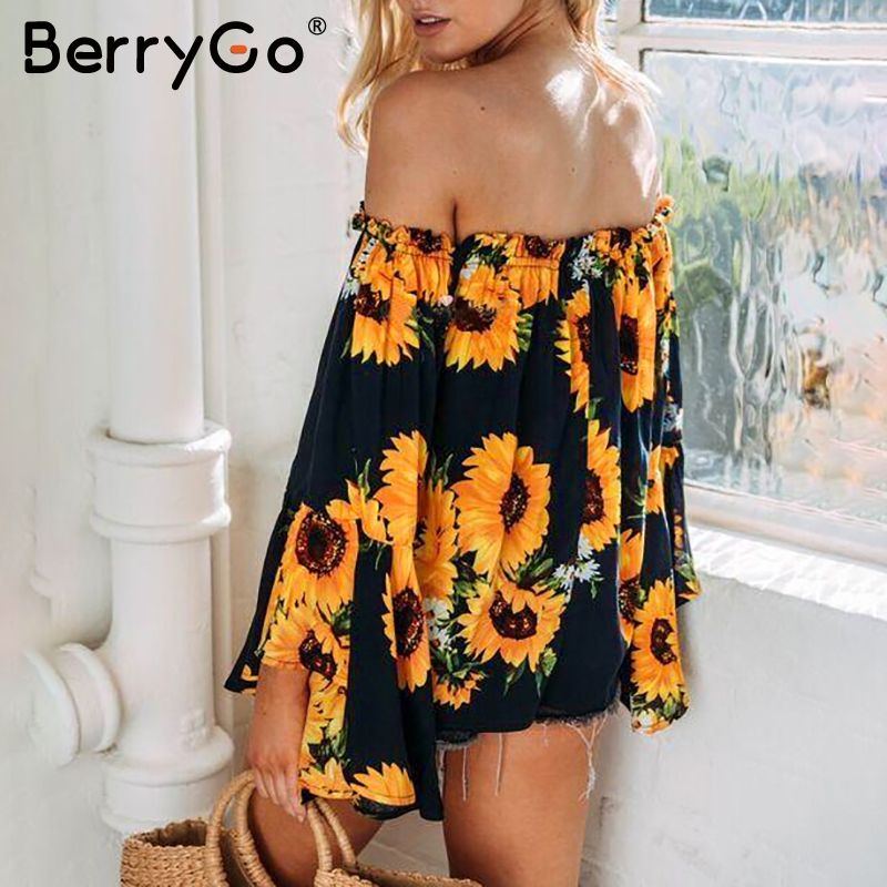 Camisa blusa de estampado floral con hombros descubiertos de Bohemia de Camisa de