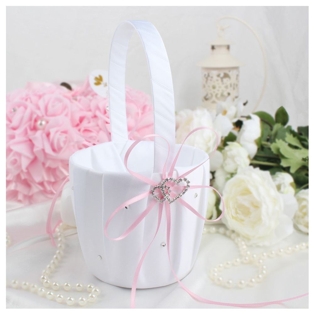 Pearl Satin Double Heart Flower Girl Basket Engagement Wedding Ceremony Party