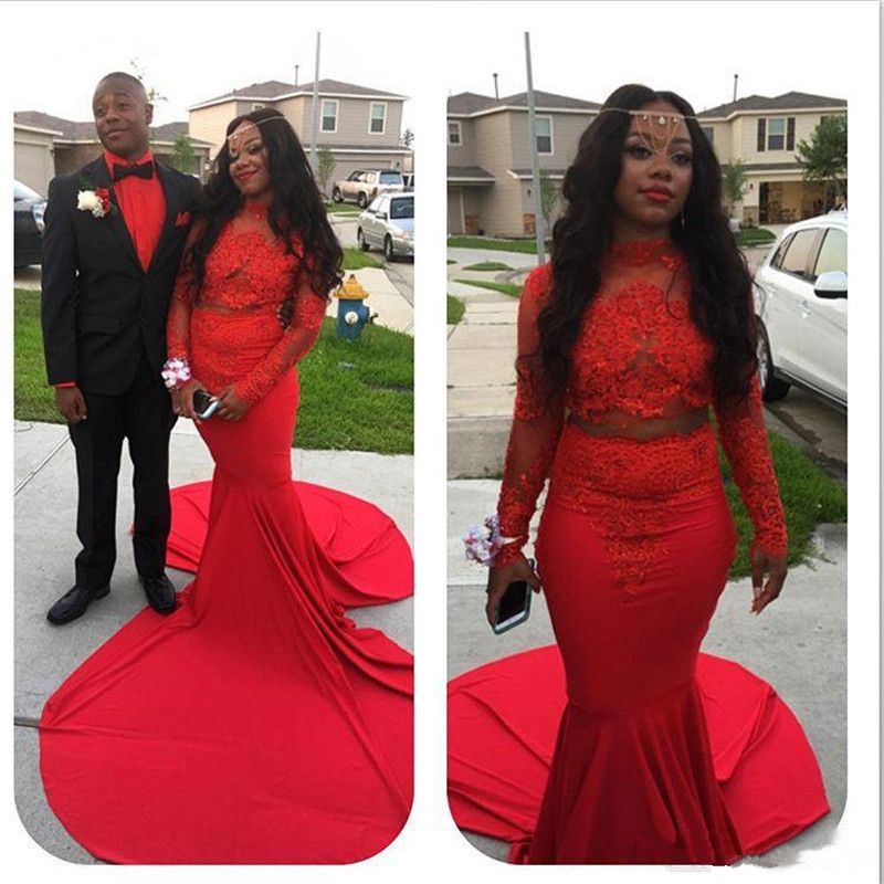 Sexy Red Two Pieces Prom Dresses 2018 High Neck African Black