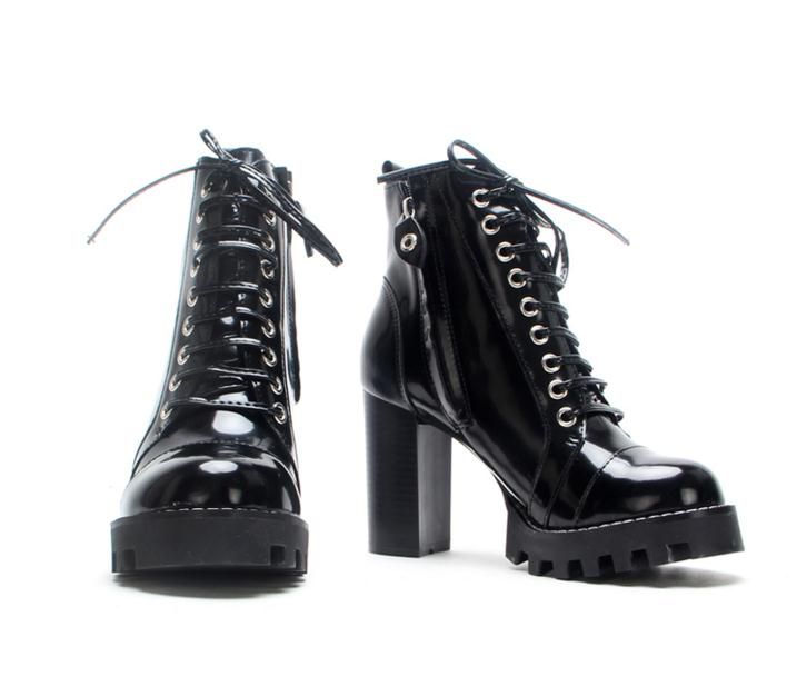 black patent leather lace up ankle boots