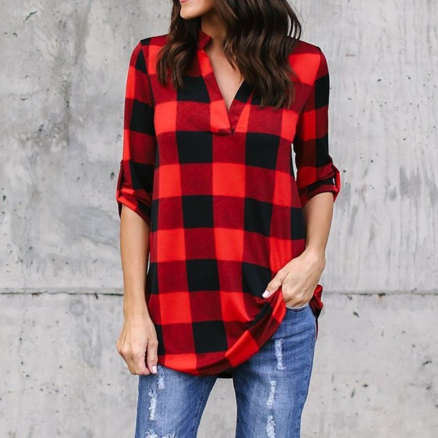 Blusas Camisa A Cuadros De Mujer Camisa Cuello V Camisa Negra Y Roja De Ladie Top De Algodón Camisa A Cuadros De Las Mujeres Tops Blusa Informal De 8,66 € DHgate