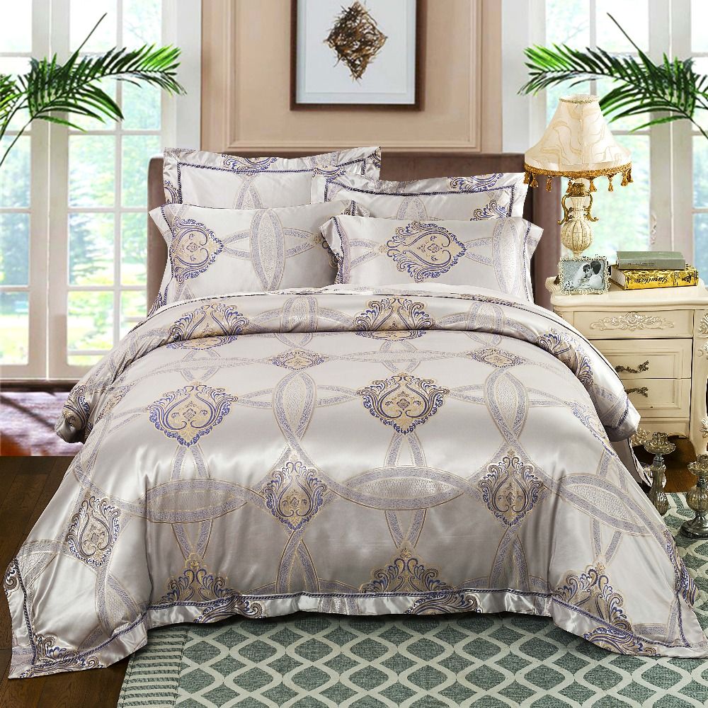 Silver Bedding Set Queen Size Luxury Satin Duvet Cover Jacquard