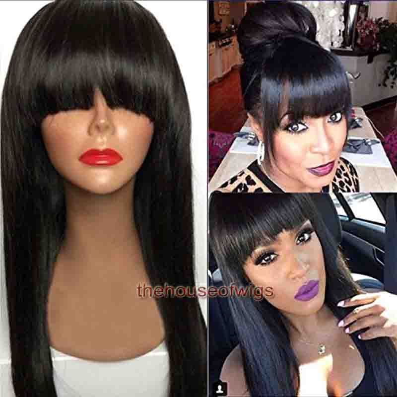 Straight Lace Front Wig With Bangs Peruvian Virgin Hair Full