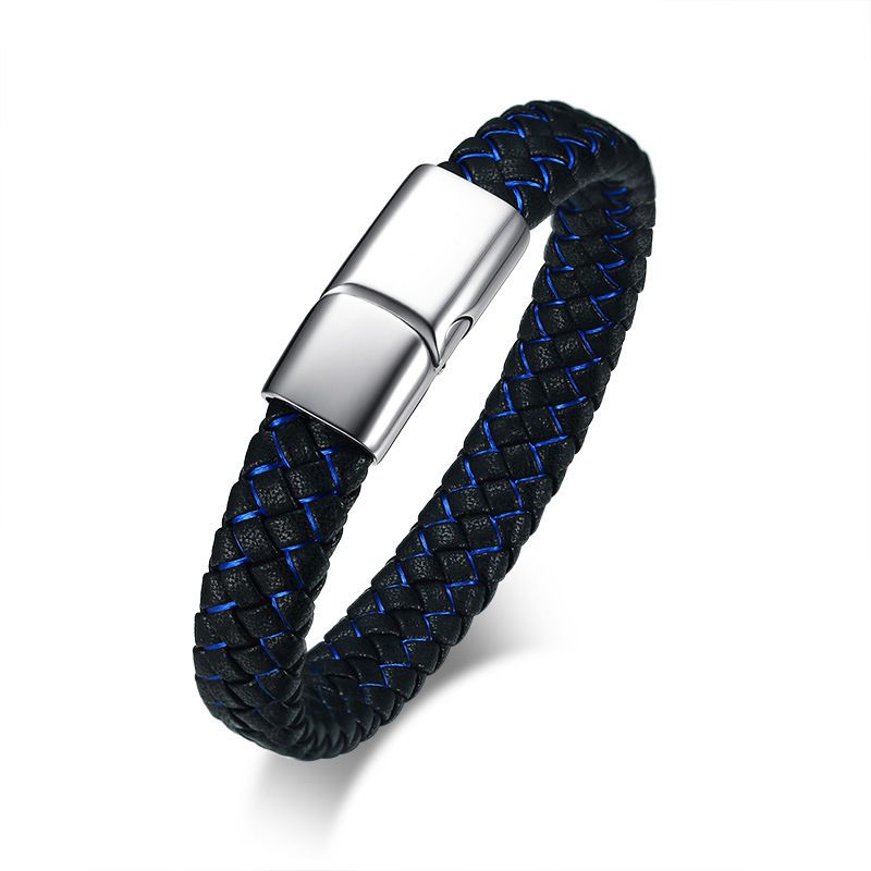Wholesale Black And Blue Genuine Leather Mens Bracelets Bangle Euro US Style Stainless Steel ...