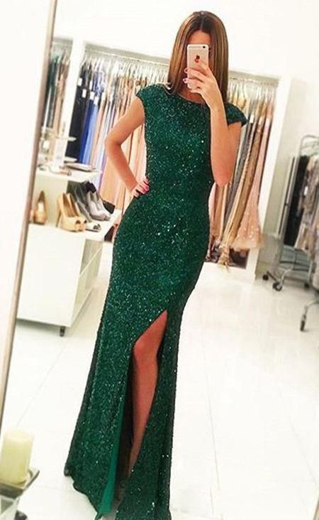emerald green cap sleeve dress