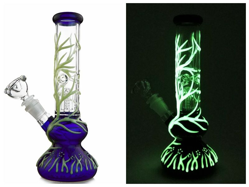 Wholesale Blue UV Beaker Bong Luminous Glass Bongs Glow In The Dark Dab