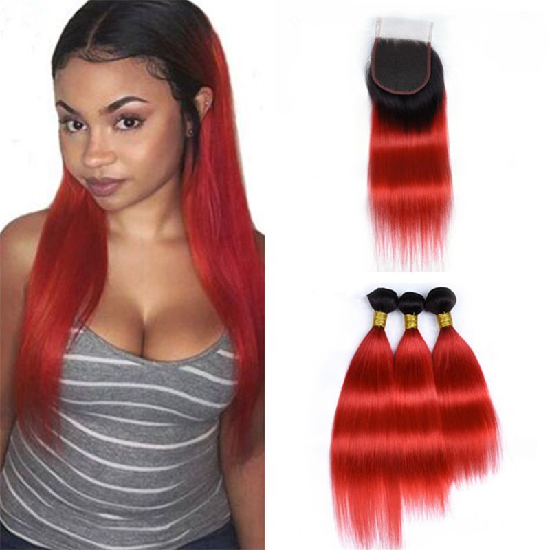 2020 8a Black Roots Red Ombre Hair Weaves With Lace Closure Two