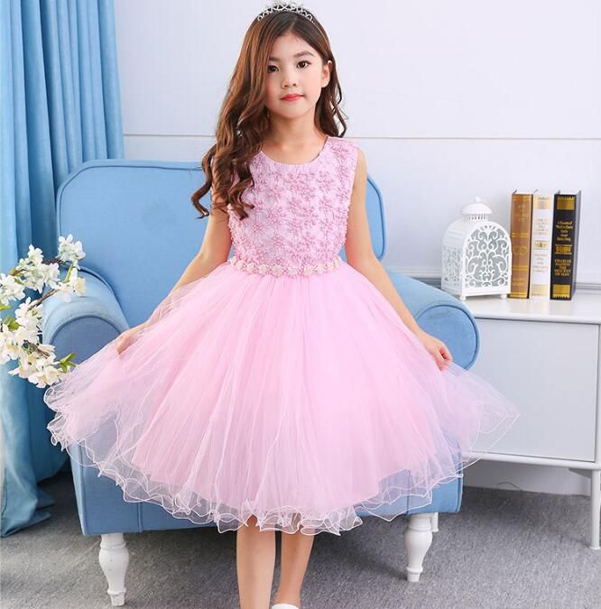 Vestidos de princesa para niñas pequeñas Perlas de cuentas Diseños de marco de flores en rosa Vestidos de princesa para niñas pequeñas Perlas de cuentas Diseños de marco de flores en rosa