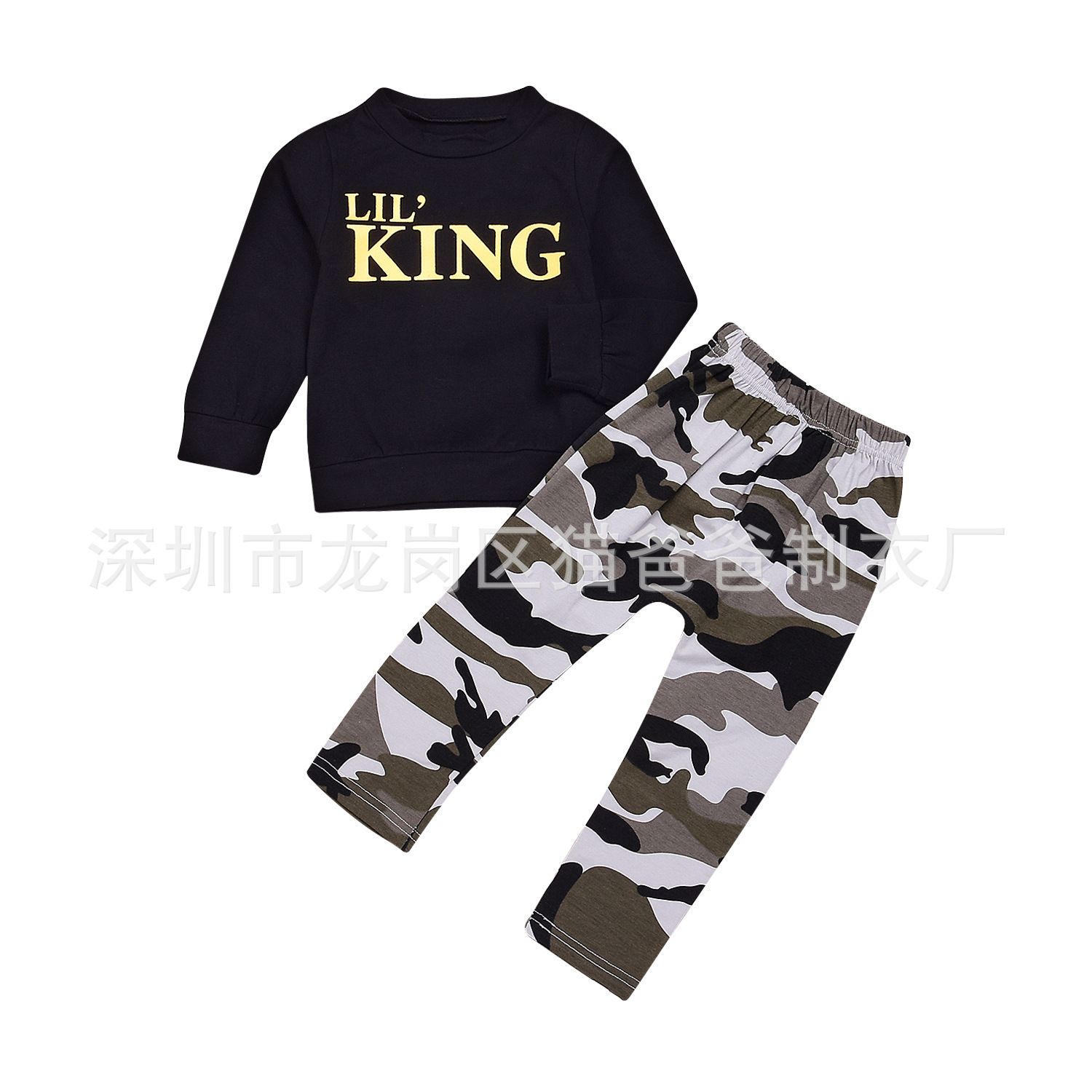 1-6T Kids Boys KING Cotton T-shirt Tops Camouflage Pants Outfit Clothes Set