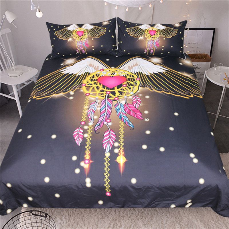 Black Dreamcatcher Bedding Set Angel Wings Heart Pattern Bed Duvet