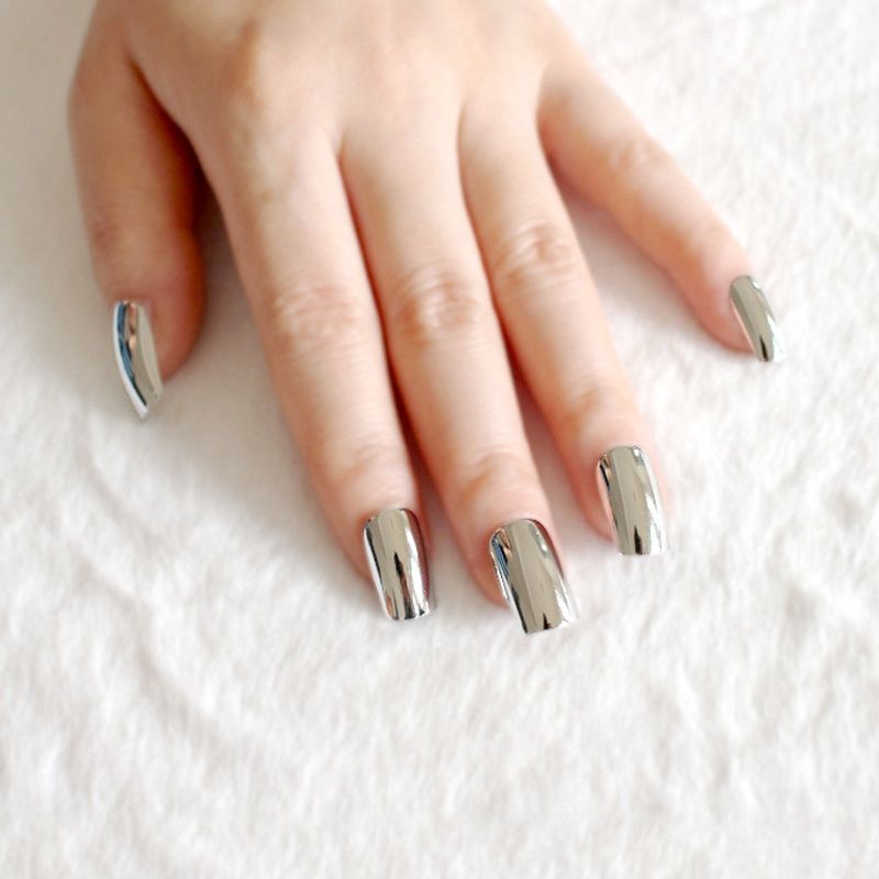 Acheter Mode Argent Acrylique Faux Ongles Miroir En Métal Plat Faux Ongles Lady Plein Enveloppement Ongles Conseils Conception Salon Produit N02 De