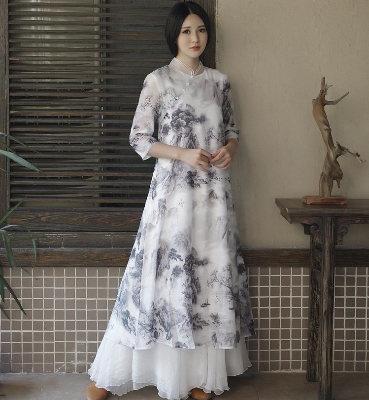 2020 Ancient China Womens Black White Retro Chinese Style Ink
