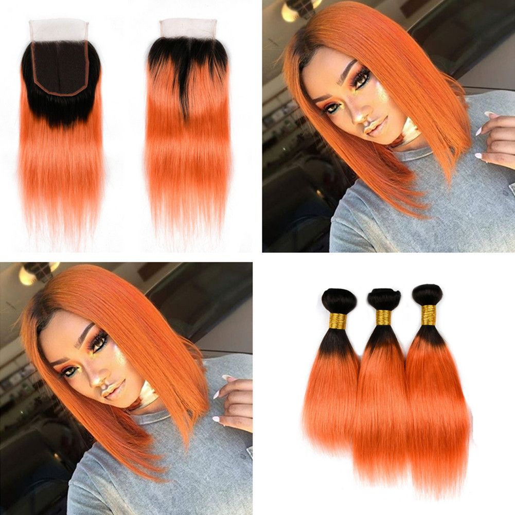 Ombre Colered 1b Orange Hair Extensions With Lace Closure Ombre