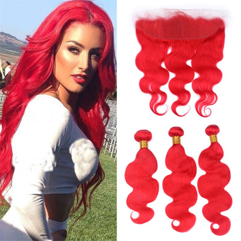 2020 Bright Red Human Hair 3 Bundles With Lace Frontal Closure