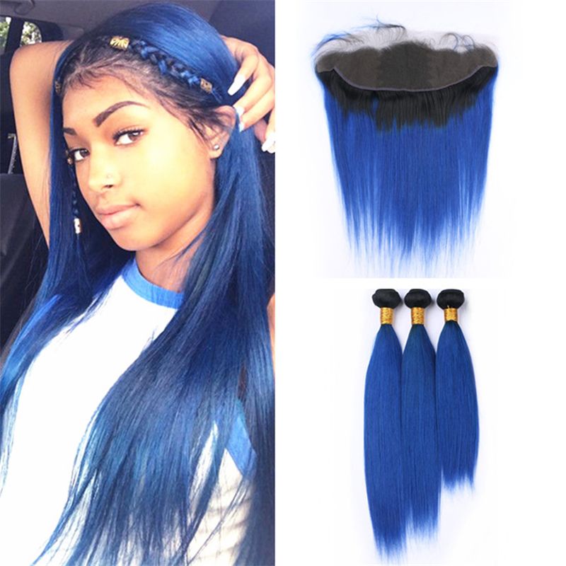 2019 Two Tone 1b Blue Ombre Straight Hair Bundles With Frontal