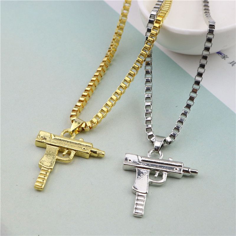 Hip Hop Uzi Neck Gold Rose Plated Pistol Uzi Gun Pendants & Necklaces
